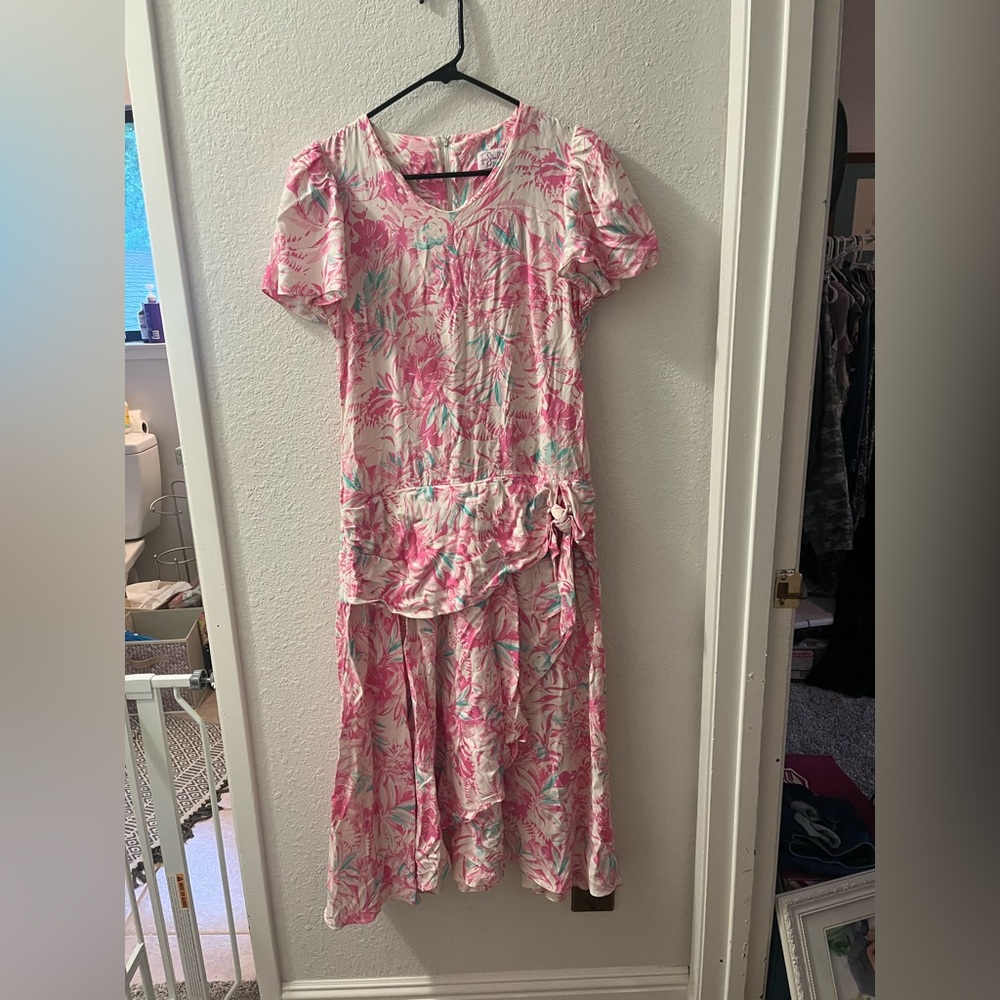 Vintage Floral Pink and Green Maxi Dress